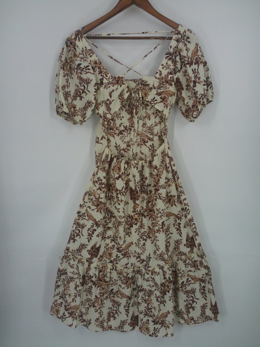 JUST FOUND Cottagecore Boho Floral Bird Print Puff Sleeve Midi Dress Square Neck - Picture 3 of 13